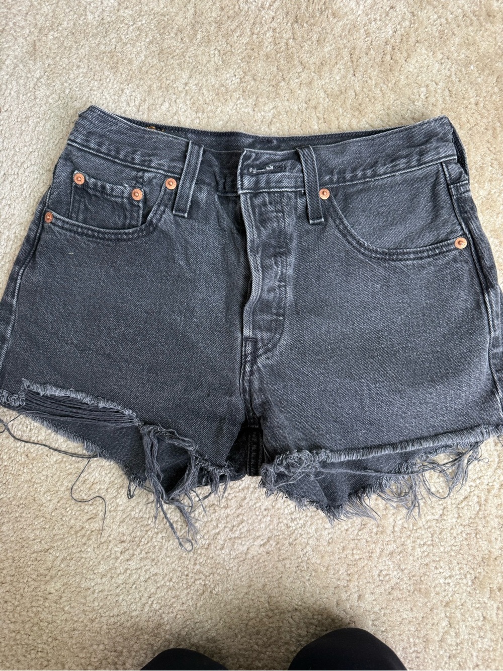 Levi's Black Washed Denim Frayed Cutoff Shorts